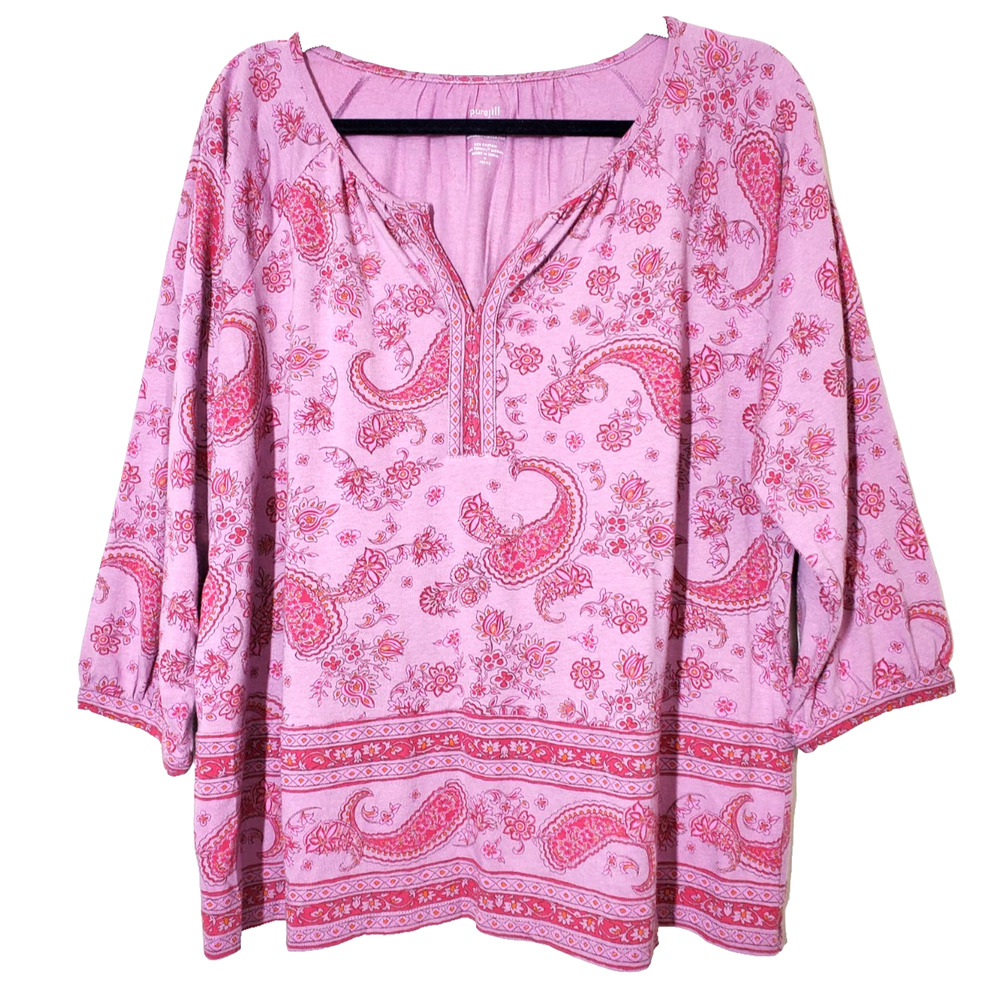 Pure J Jill Womens Medium Petite Top Boho Printed Split Neck Pink Tencel Modal